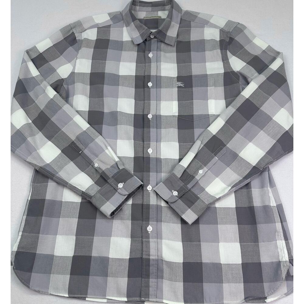 Burberry Brit Gray White Plaid Check Button Down Shirt Mens XL Equestrian Knight